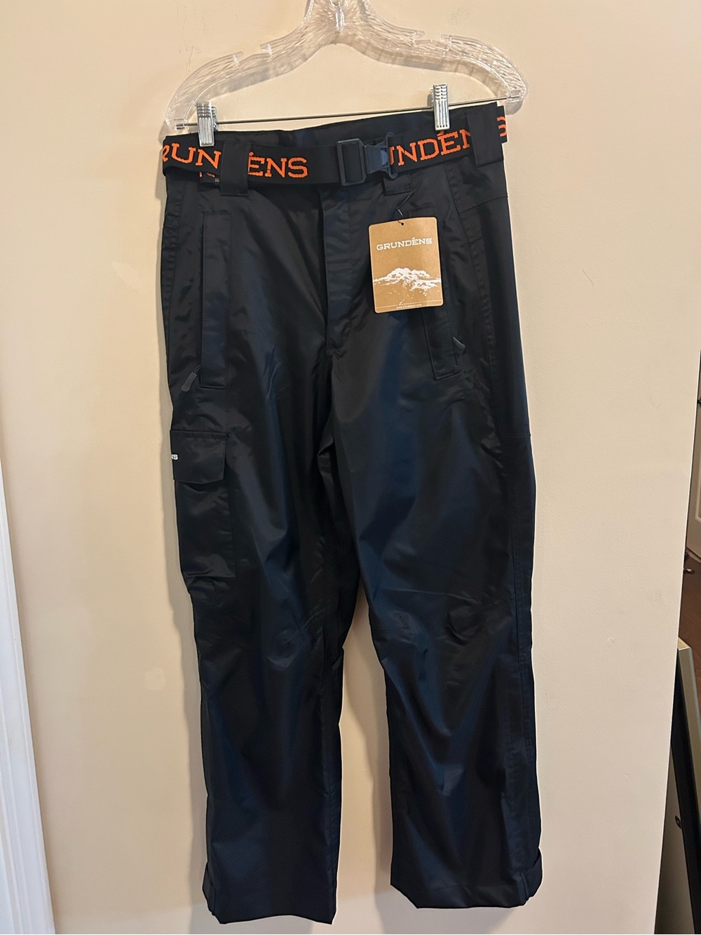 Grundéns Men's Black Cargo Rain Pants with Orange Logo Belt